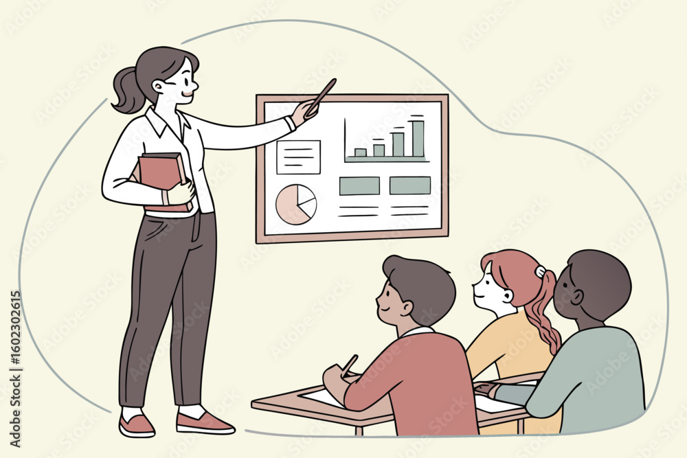 Poster instructor presenting data analysis to students in a classroom during a morning session with charts 