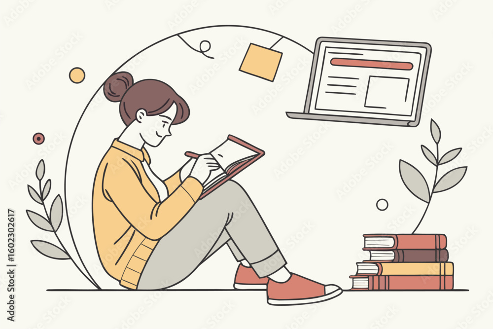 Poster engaging in study and writing while surrounded by books and notes in a cozy setting