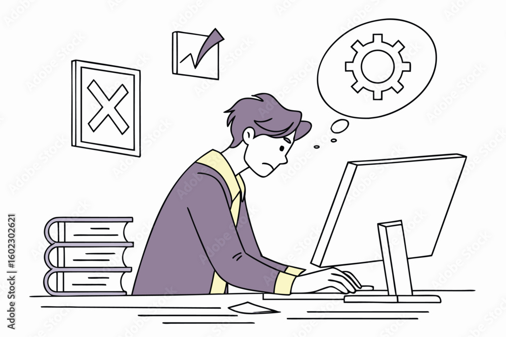 Poster young professional working at a desk with a computer while pondering solutions to challenges in a mo