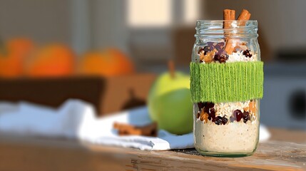 Autumnal oatmeal jar, outdoor kitchen setting