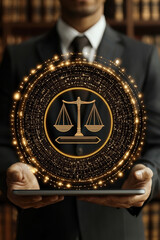 Businessman suit holding digital tablet glowing justice scale law technology library professional modern legal balance innovation concept confident authority futuristic wisdom leadership