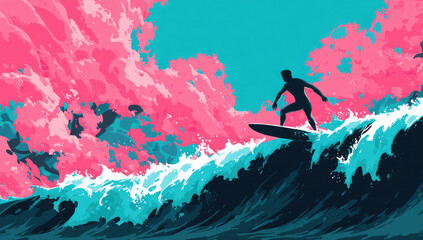 Surfer rides vibrant wave, bold colors