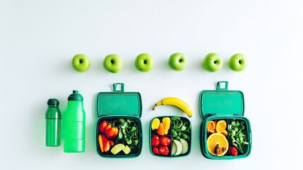 Healthy lunchboxes, fruits, and drinks on white
