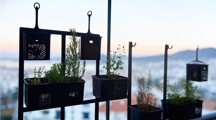 Balcony herb garden sunset view city plants