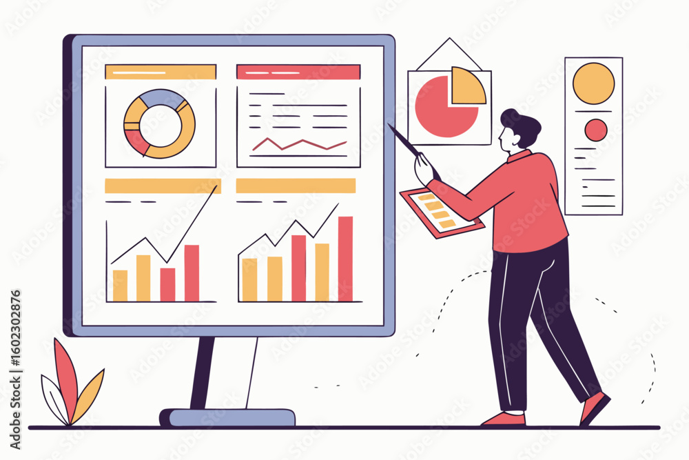 Poster business professional presents data analysis and trends using visual charts highlighting performance
