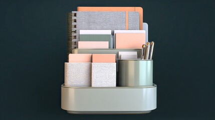 Organized stationery in desk organizer, dark background
