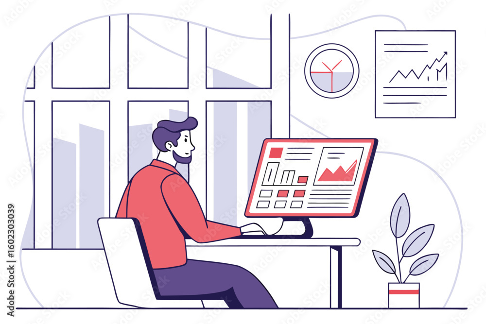Poster professional man working at a desk with a computer displaying data analysis charts in a bright offic