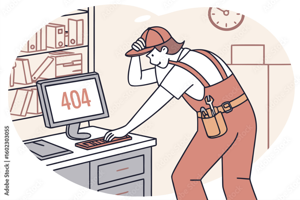 Poster technician troubleshooting computer error in office setting during work hours with a frustrated expr