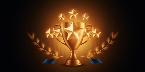 Golden trophy with stars and laurel branches signifying achievement and victory