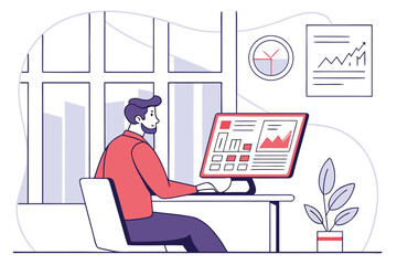 Professional man working at a desk with a computer displaying data analysis charts in a bright office environment during daytime