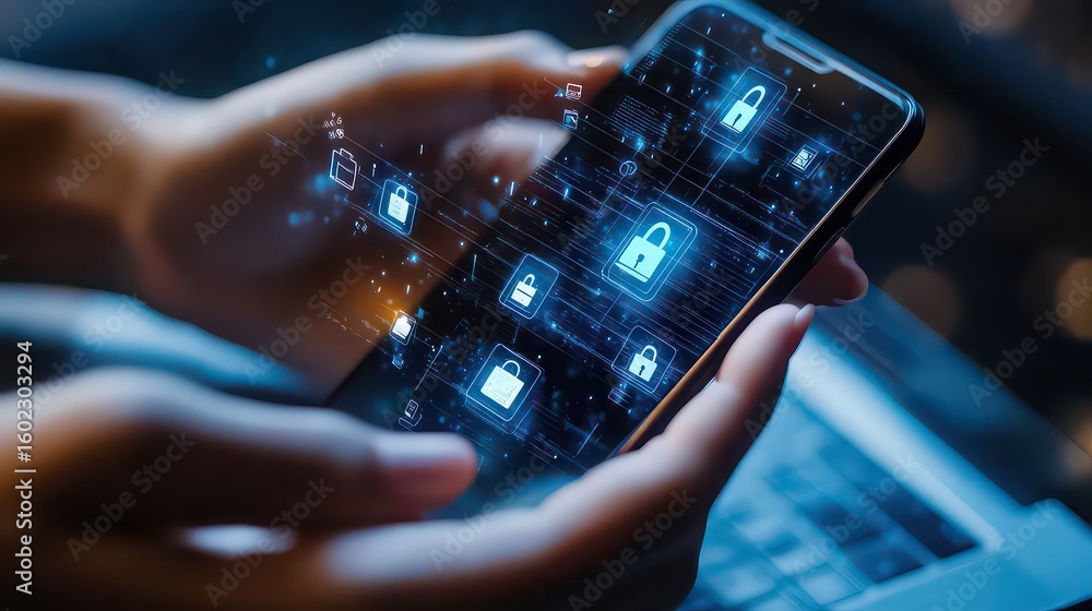 Poster hands holding smartphone with digital lock icons floating above the screen for security concept