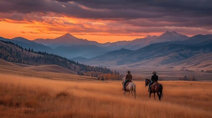 Two Cowgirls Riding Horses Into a Western Countryside Scene at Golden Sunset
