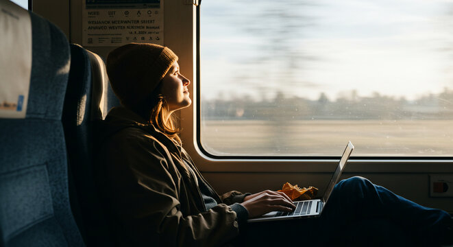 A young woman sits on a train, looking out the window while working on her laptop with a snack in her hand. - Powered by Adobe