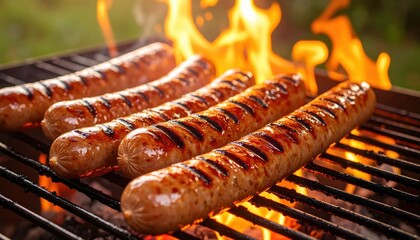 Close-up of grilled sausages cooking over open flame perfect for barbecue parties, summer cookouts, food marketing and outdoor dining lifestyle visuals