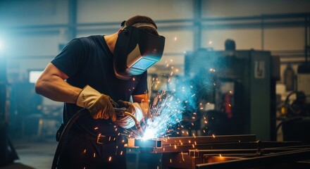 Bright sparks flying during welding operation in industrial workshop.