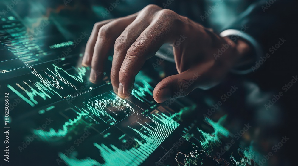 Poster a hand interacts with a digital screen displaying financial data and stock market graphs in green hu