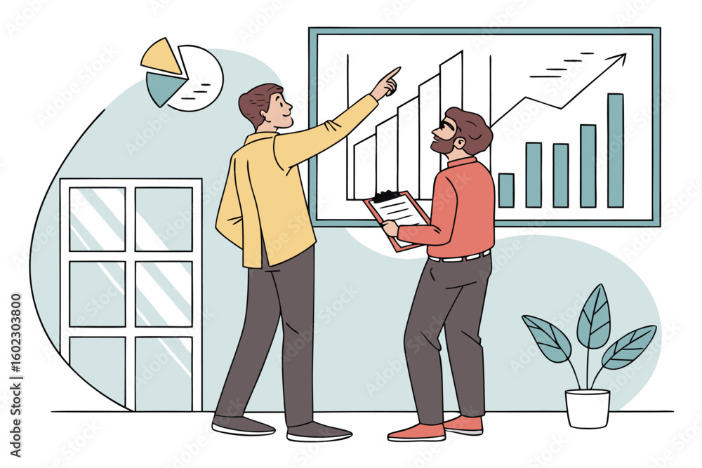 Poster business presentation in a modern office with two men discussing growth strategies and analyzing per