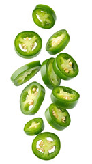 Sliced green chili peppers falling isolated on transparent background