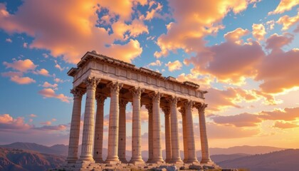 a cultural architectural lgbt pride background with classical roman columns under pride colored sky, in mosaic tiles forming pride themed patterns, used in academic and historical pride publications.