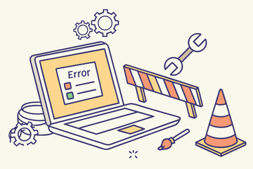 Conceptual illustration of a laptop displaying an error message, surrounded by construction elements and tools symbolizing repair work in a digital environment