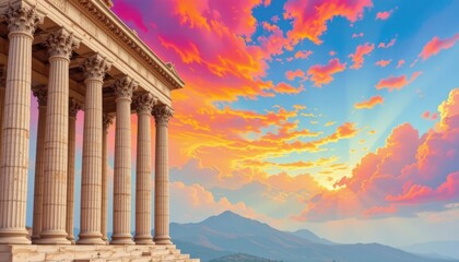 a cultural architectural lgbt pride background with classical roman columns under pride colored sky, on hand painted ceramic textures, used in cultural center pride invitations.