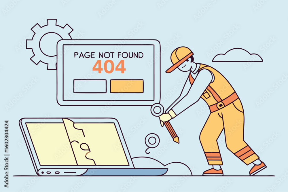 Aufkleber construction worker fixing a digital error on a laptop with a 404 page not found message during a te