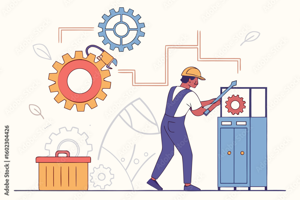 Poster worker repairs machinery in a workshop setting using tools and gears in a detailed and colorful illu