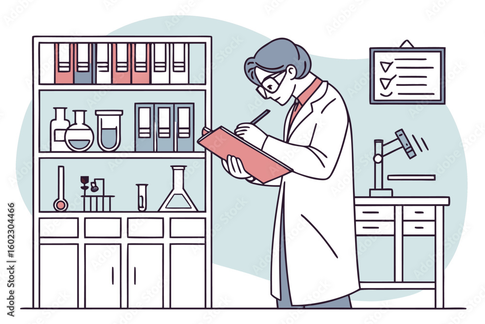 Poster scientist conducting research in a laboratory with various equipment and documents neatly organized 