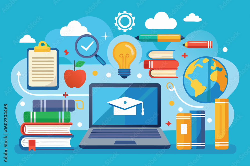 Poster educational elements come together to create a visual representation of learning and knowledge in a 