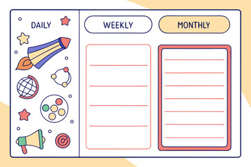 Cute space themed daily weekly monthly planner organizer with rocket globe and stars for goal setting and productivity