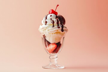 An elaborate ice cream sundae in a glass cup, with scoops of vanilla, chocolate, and strawberry, whipped cream and cherry on top, placed on a peach pastel background 