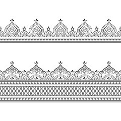 Set of Seamless borders pattern for Mehndi, Henna drawing and tattoo. Decoration in ethnic oriental, Indian style. Doodle ornament. Outline hand draw vector illustration.
