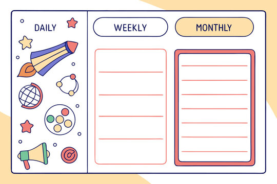 Cute space themed daily weekly monthly planner organizer with rocket globe and stars for goal setting and productivity