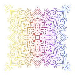 Color circular pattern in form of mandala with flower for decoration or print. Decorative ornament in ethnic oriental style. Rainbow design on white background.