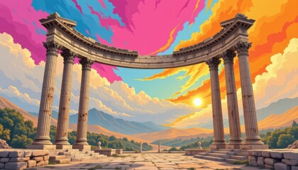 a cultural architectural lgbt pride background with classical roman columns under pride colored sky, using ancient ink on paper styles with modern pride colors