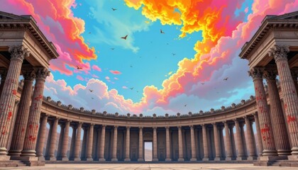 a cultural architectural lgbt pride background with classical roman columns under pride colored sky, using ancient ink on paper styles with modern pride colors