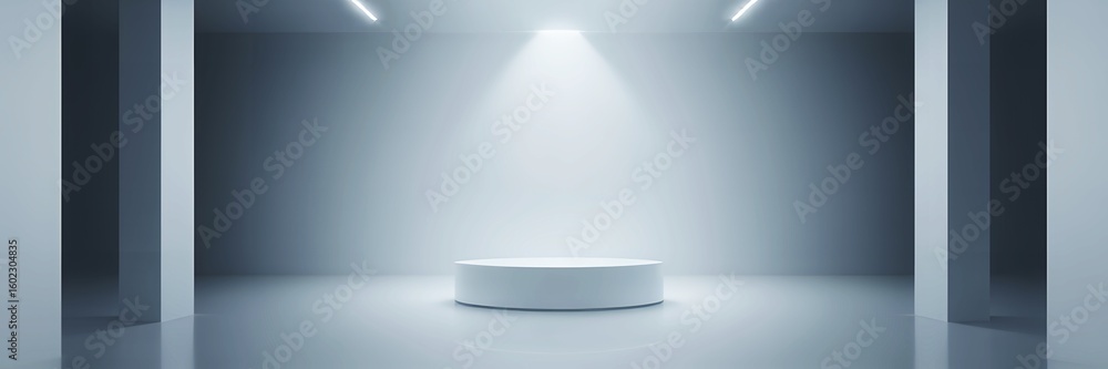 Poster empty minimalist stage with podium spotlight and architectural columns