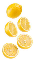 Lemon slices in mid-air isolated on transparent background
