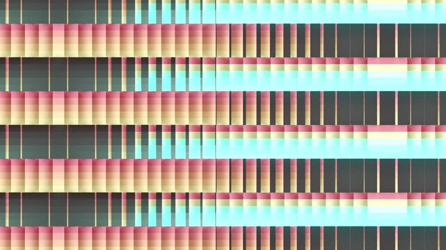 Animation consists of moving horizontal stripes. Each stripe is composed of multiple vertical tiles or segments. It is a bright VJ cycle in pink, yellow, and turquoise tones. 3d rendering 4K