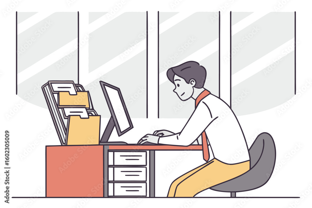 Poster person working at a modern office desk with a computer and organized files in a bright workspace dur
