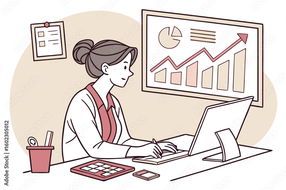Aufkleber professional woman analyzing data and creating reports at her desk during working hours in a modern 