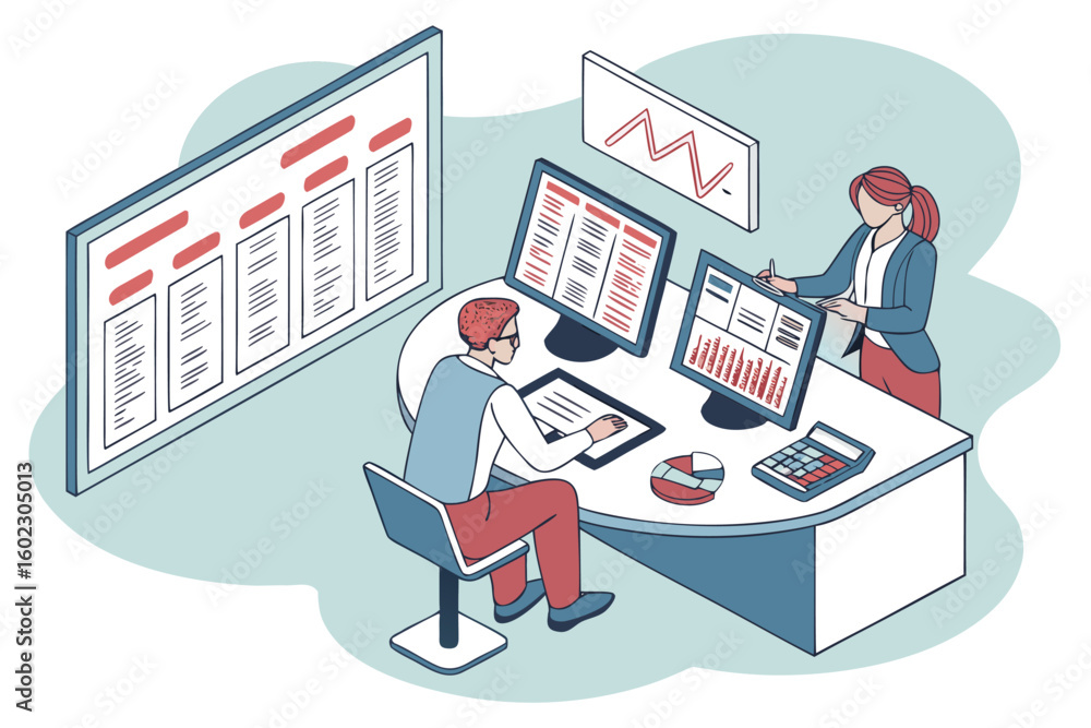 Poster team collaborates in an office environment analyzing data on multiple computer screens while conduct