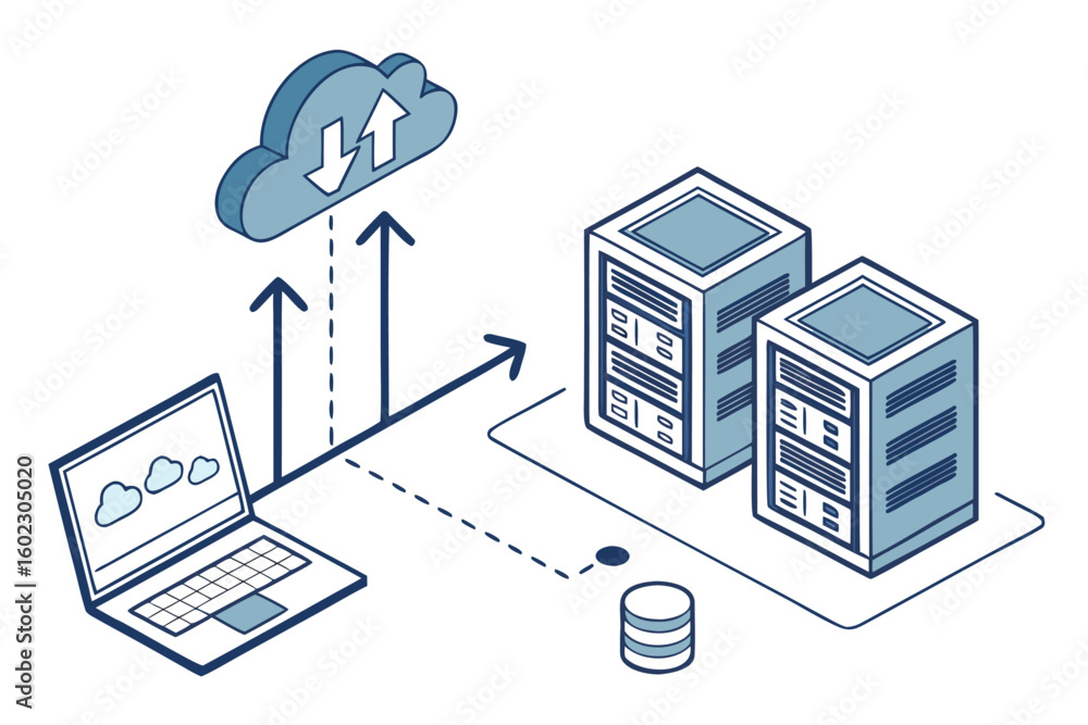Poster data transfer between a personal computer and cloud storage with server infrastructure, illustrating