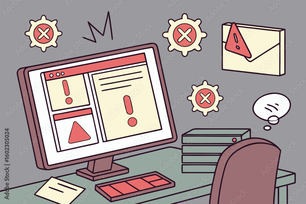 Poster computer screen displaying error messages, warning icons, and a suspicious email while a user contem