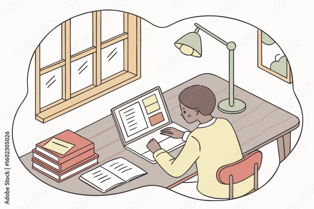Poster working at a desk with a laptop by a window and a stack of books in a cozy study environment during 