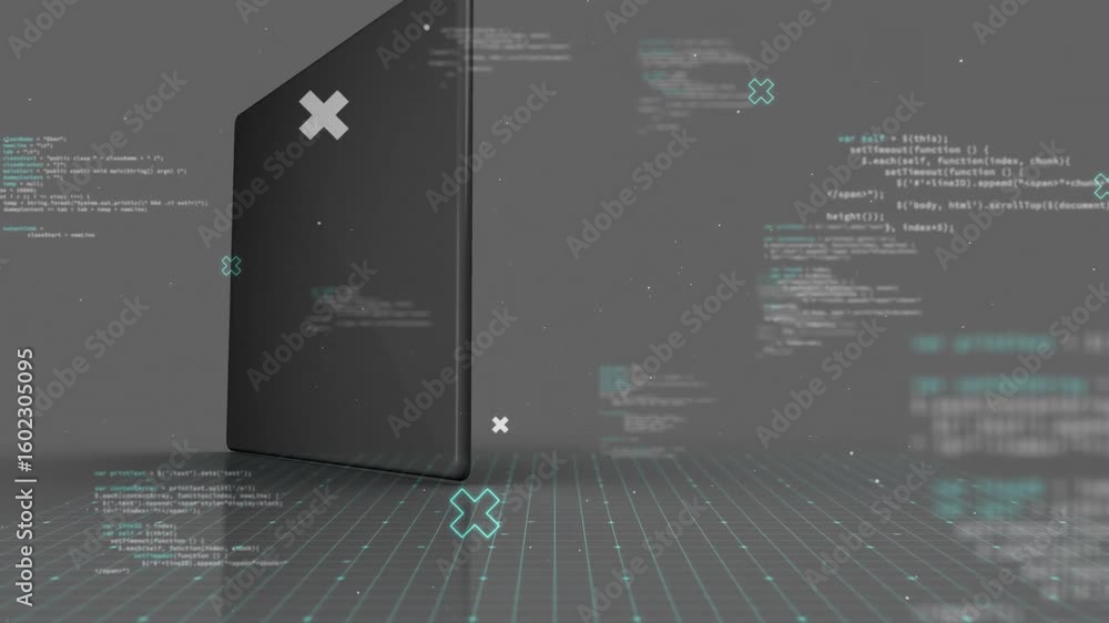 Poster Smartphone drifting linking cloud rotating into data tablet showing monitors streaming code