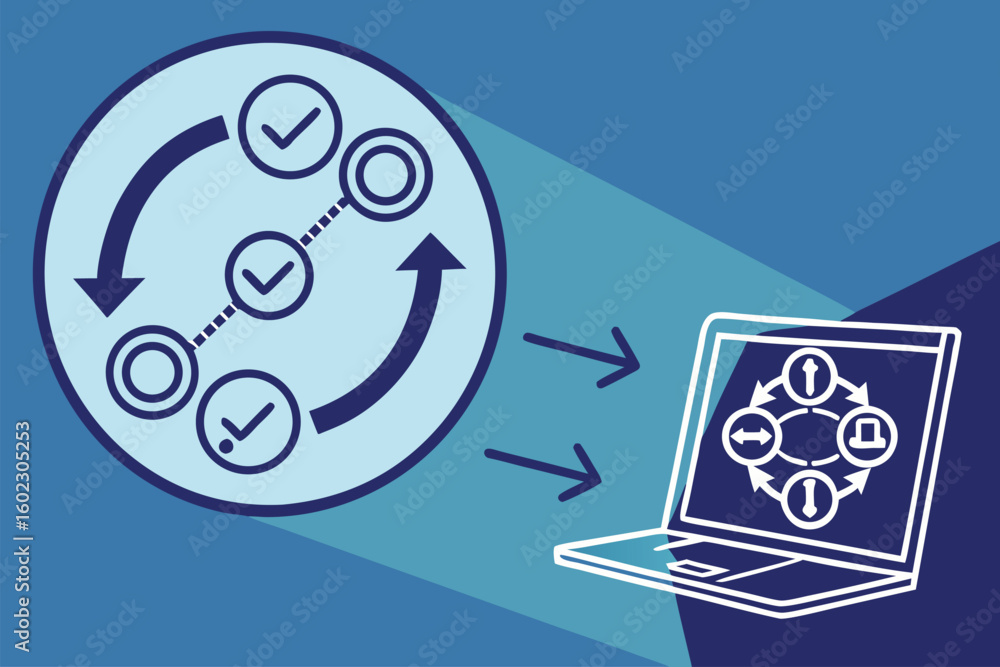Poster digital process management concept illustrating workflow cycles and task organization for efficient 