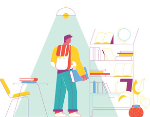 Illustration of a person standing in a cozy study room. The individual, wearing a yellow and white outfit with a red backpack, holds a book in one hand. Behind them, a bookshelf filled with books and 