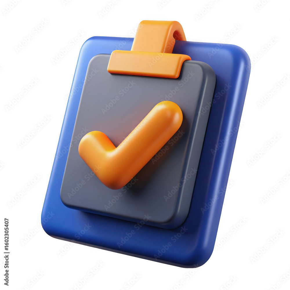 Poster 3d checklist icon with orange checkmark isolated on transparent background