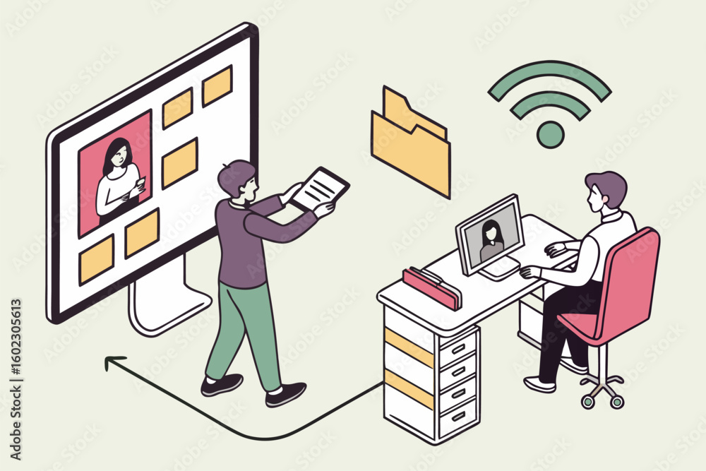 Poster collaborative remote work setup featuring digital communication and file management